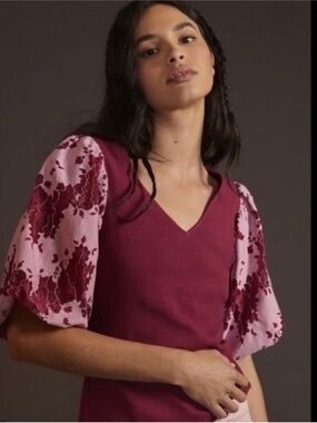 Anthropologie the left coast collection | V-Neck Puff Sleeve Knit Top in Berry